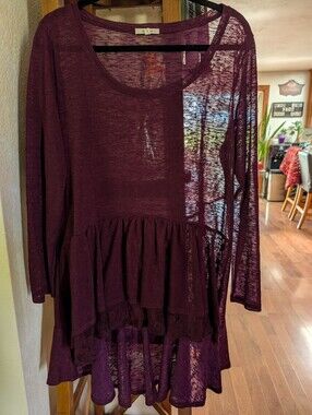 Maurice's Plus size 0 Sheer And Lace Maroon High Low Top Long Sleeve
